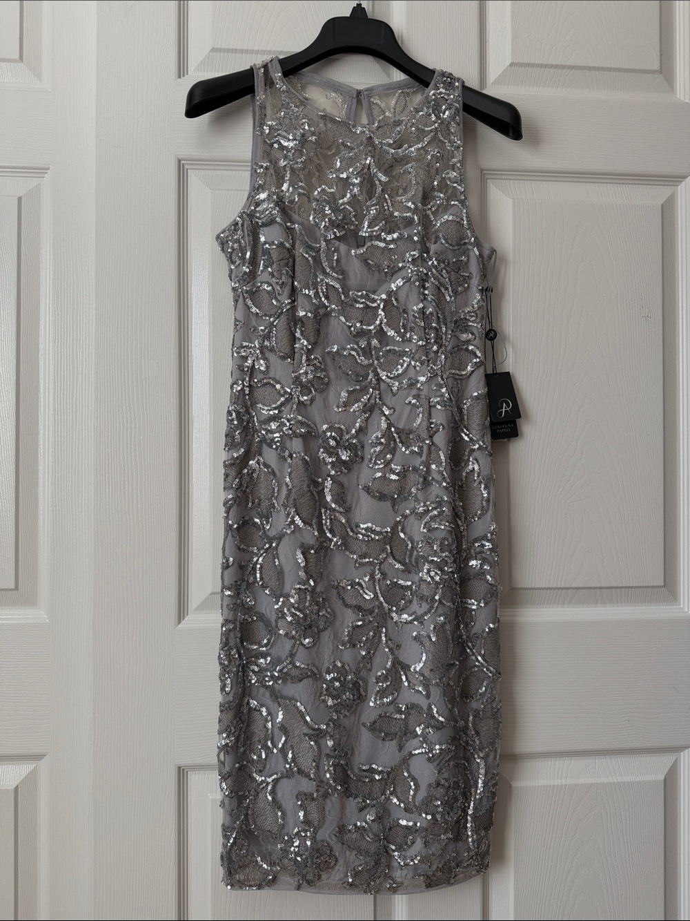 Adrianna Papell Silver Sequin Embellished Sheath Dress